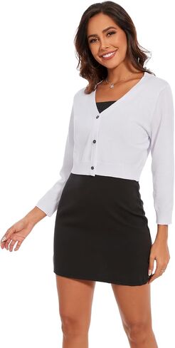 Women's Cropped Cardigan Sweater Crew Neck Button Down 3/4 Sleeve Soft Knit Bolero Shrugs in Saudi Arabia