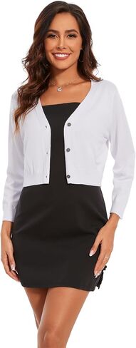 Women's Cropped Cardigan Sweater Crew Neck Button Down 3/4 Sleeve Soft Knit Bolero Shrugs in Saudi Arabia