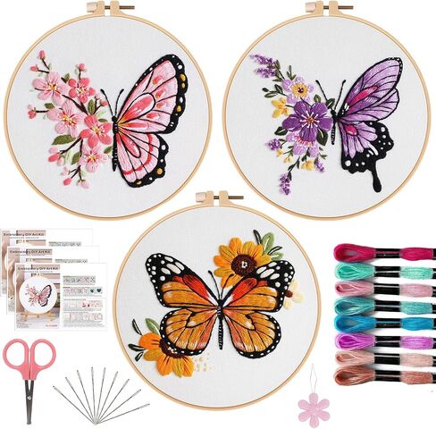 Offizon 3 PCS Embroidery Kit for Beginners - Embroidery Patterns, Embroidery Accessories & Hoop Included, Hand Embroidery Kit for Adults Stitching Sewing Kit Gift | ButterflyB Patterns in Saudi Arabia