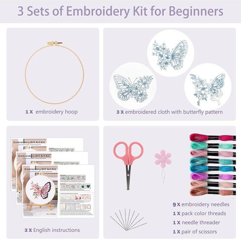 Offizon 3 PCS Embroidery Kit for Beginners - Embroidery Patterns, Embroidery Accessories & Hoop Included, Hand Embroidery Kit for Adults Stitching Sewing Kit Gift | ButterflyB Patterns in Saudi Arabia