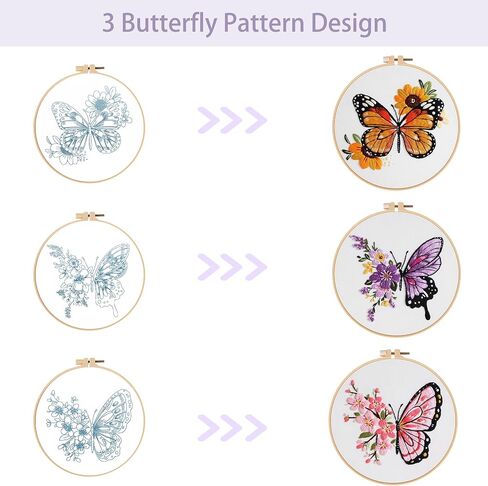 Offizon 3 PCS Embroidery Kit for Beginners - Embroidery Patterns, Embroidery Accessories & Hoop Included, Hand Embroidery Kit for Adults Stitching Sewing Kit Gift | ButterflyB Patterns in Saudi Arabia