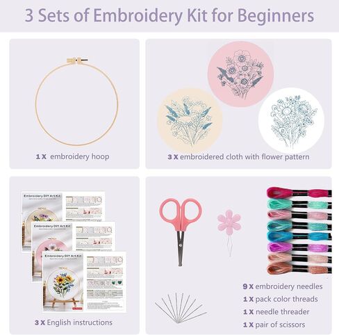 Offizon 3 PCS Embroidery Kit for Beginners - Embroidery Patterns, Embroidery Accessories & Hoop Included, Hand Embroidery Kit for Adults Stitching Sewing Kit Gift | ButterflyB Patterns in Saudi Arabia