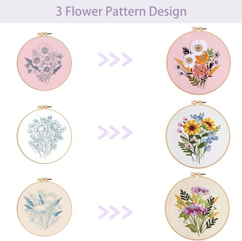 Offizon 3 PCS Embroidery Kit for Beginners - Embroidery Patterns, Embroidery Accessories & Hoop Included, Hand Embroidery Kit for Adults Stitching Sewing Kit Gift | ButterflyB Patterns in Saudi Arabia