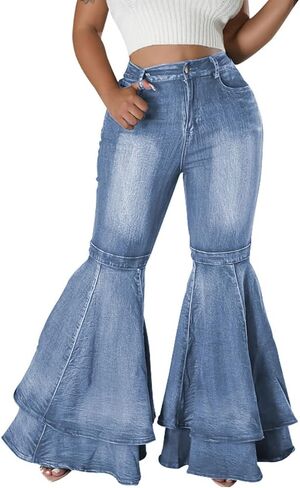 ThusFar Bell Bottom Jeans High Waisted Pleated Layered Ruffle Hem Flared Wide Leg Denim Pants 70s Outfits for Women in Saudi Arabia
