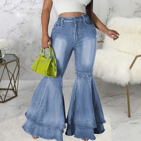ThusFar Bell Bottom Jeans High Waisted Pleated Layered Ruffle Hem Flared Wide Leg Denim Pants 70s Outfits for Women in Saudi Arabia