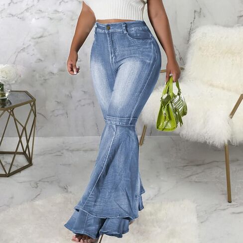 ThusFar Bell Bottom Jeans High Waisted Pleated Layered Ruffle Hem Flared Wide Leg Denim Pants 70s Outfits for Women in Saudi Arabia