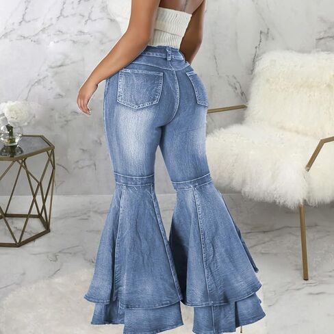 ThusFar Bell Bottom Jeans High Waisted Pleated Layered Ruffle Hem Flared Wide Leg Denim Pants 70s Outfits for Women in Saudi Arabia