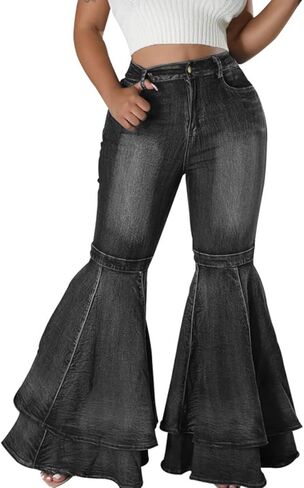 ThusFar Bell Bottom Jeans High Waisted Pleated Layered Ruffle Hem Flared Wide Leg Denim Pants 70s Outfits for Women in Kuwait