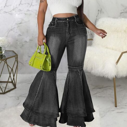 ThusFar Bell Bottom Jeans High Waisted Pleated Layered Ruffle Hem Flared Wide Leg Denim Pants 70s Outfits for Women in Kuwait
