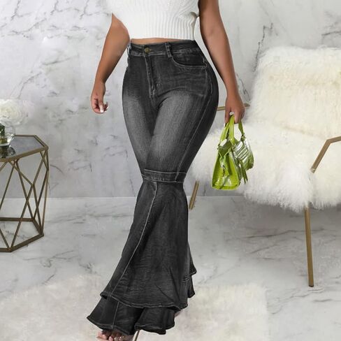 ThusFar Bell Bottom Jeans High Waisted Pleated Layered Ruffle Hem Flared Wide Leg Denim Pants 70s Outfits for Women in Kuwait