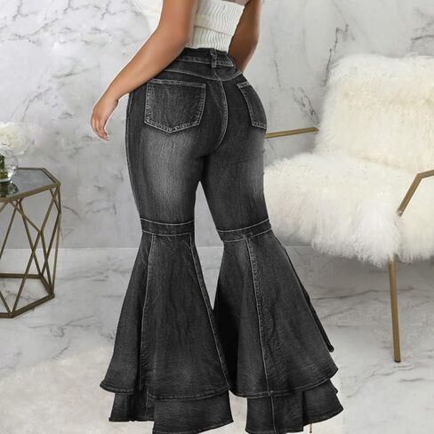 ThusFar Bell Bottom Jeans High Waisted Pleated Layered Ruffle Hem Flared Wide Leg Denim Pants 70s Outfits for Women in Kuwait