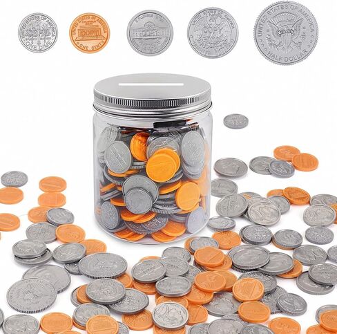 Play Money Coins for Kids, Fake Money Coins with Coin Jar, Realistic Teaching Pretend Fake Money Coins Set, Plastic Toy Prop Fake Money Coins for Kids Learning Education Party, 250pcs in Kuwait