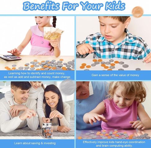 Play Money Coins for Kids, Fake Money Coins with Coin Jar, Realistic Teaching Pretend Fake Money Coins Set, Plastic Toy Prop Fake Money Coins for Kids Learning Education Party, 250pcs in Kuwait