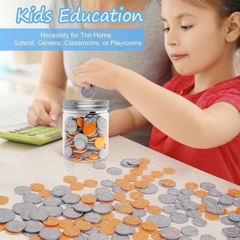 Play Money Coins for Kids, Fake Money Coins with Coin Jar, Realistic Teaching Pretend Fake Money Coins Set, Plastic Toy Prop Fake Money Coins for Kids Learning Education Party, 250pcs in Kuwait