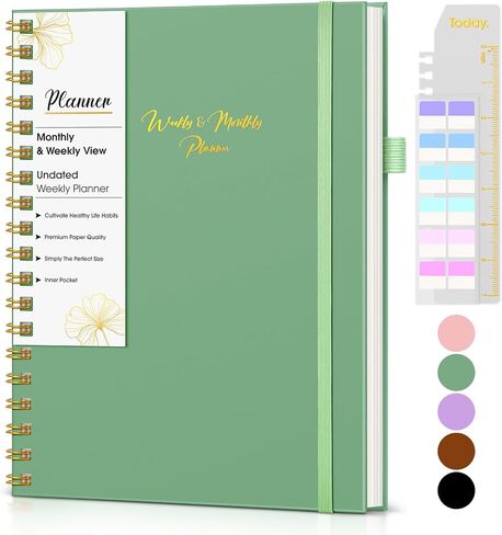 Undated Weekly and Monthly Planner, B5 Large Weekly To Do List Notebook with Goal & Habit Tracker Organizer, Hardcover Spiral Bound Blank Weekly Monthly Planner for Work School Home 7.4" x 9.64" Green in Kuwait