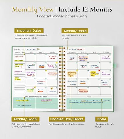 Undated Weekly and Monthly Planner, B5 Large Weekly To Do List Notebook with Goal & Habit Tracker Organizer, Hardcover Spiral Bound Blank Weekly Monthly Planner for Work School Home 7.4" x 9.64" Green in Kuwait