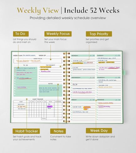 Undated Weekly and Monthly Planner, B5 Large Weekly To Do List Notebook with Goal & Habit Tracker Organizer, Hardcover Spiral Bound Blank Weekly Monthly Planner for Work School Home 7.4" x 9.64" Green in Kuwait