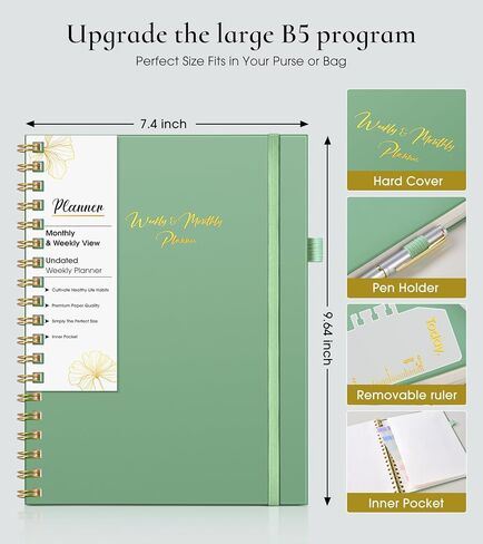 Undated Weekly and Monthly Planner, B5 Large Weekly To Do List Notebook with Goal & Habit Tracker Organizer, Hardcover Spiral Bound Blank Weekly Monthly Planner for Work School Home 7.4" x 9.64" Green in Kuwait