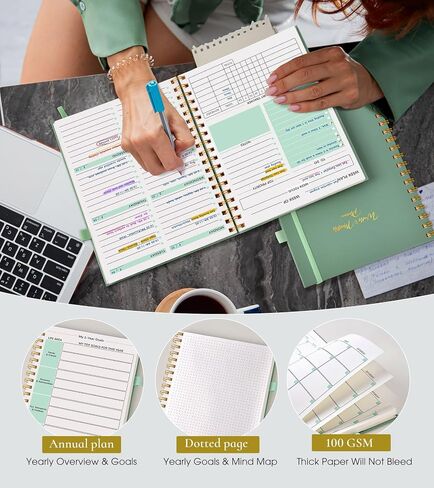 Undated Weekly and Monthly Planner, B5 Large Weekly To Do List Notebook with Goal & Habit Tracker Organizer, Hardcover Spiral Bound Blank Weekly Monthly Planner for Work School Home 7.4" x 9.64" Green in Kuwait