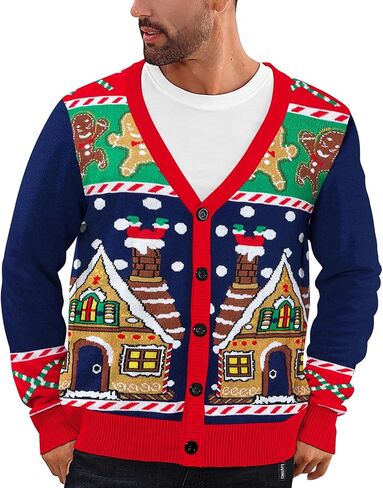 Men's Christmas Cardigan Sweater V Neck Buttons Knitted Cardigans Ugly Xmas Sweater in Kuwait