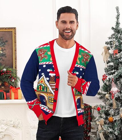Men's Christmas Cardigan Sweater V Neck Buttons Knitted Cardigans Ugly Xmas Sweater in Kuwait