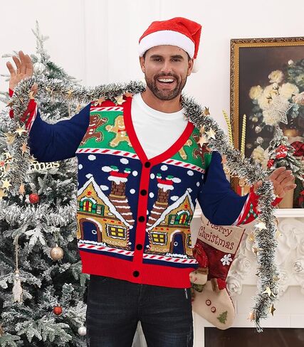 Men's Christmas Cardigan Sweater V Neck Buttons Knitted Cardigans Ugly Xmas Sweater in Kuwait