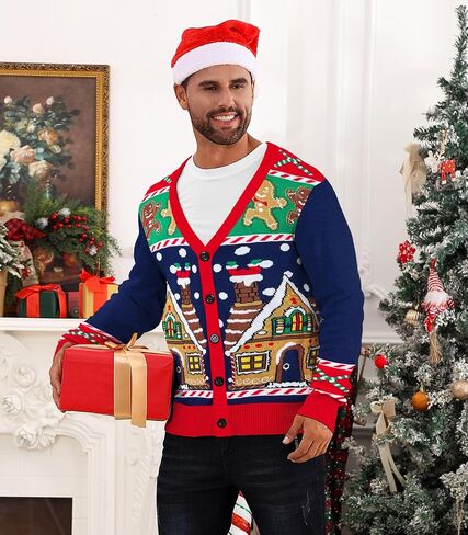 Men's Christmas Cardigan Sweater V Neck Buttons Knitted Cardigans Ugly Xmas Sweater in Kuwait