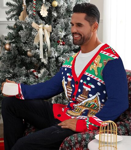 Men's Christmas Cardigan Sweater V Neck Buttons Knitted Cardigans Ugly Xmas Sweater in Kuwait