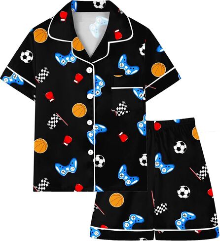 Schbbbta Boys Silk Pajamas Button Down Sleepwear Satin Nightwear 2 Pcs Pj Set in Kuwait