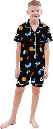 Schbbbta Boys Silk Pajamas Button Down Sleepwear Satin Nightwear 2 Pcs Pj Set in Kuwait