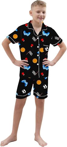 Schbbbta Boys Silk Pajamas Button Down Sleepwear Satin Nightwear 2 Pcs Pj Set in Kuwait