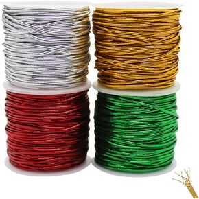 4 Rolls Metallic Elastic Cords Stretch Cord Ribbon Metallic Tinsel Cord Rope for Craft Making Gift Wrapping Christmas Jewelry Making 1 mm 87.48 Yards (Gold Silver Red and Green)