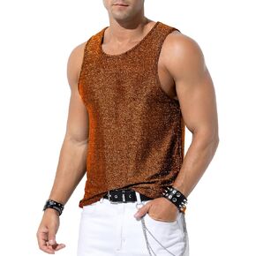 Arjen Kroos Men's Sequin Tank Top, Gold Glitter Rave Sleeve Shirts, Sparkly Disco Mens Vest