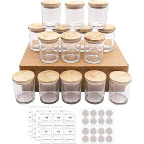 SUROQUE 15 Pack Clear Candle Jars for Making Candles 7oz Glass Jars with Bamboo Lids Candle Making Kit with Warning Labels Candle Making Supplies Bulk Candle Containers Dishwasher Safe