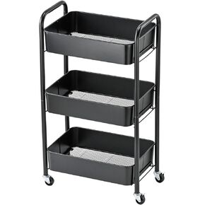 Heavy Duty Rolling Cart, Mesh Utility Storage Cart with Lockable Wheels for Kitchen, Bathroom, Office, 3-Tier Metal, Black