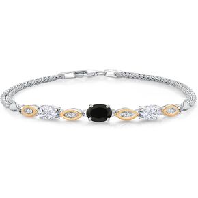 Gem Stone King 925 Silver and 10K Yellow Gold Black Onyx White Moissanite and White Lab Grown Diamond Bracelet For Women (1.76 Cttw, Gemstone Birthstone, Oval, Wheat Chain, 6.5/7/7.5 Inches)