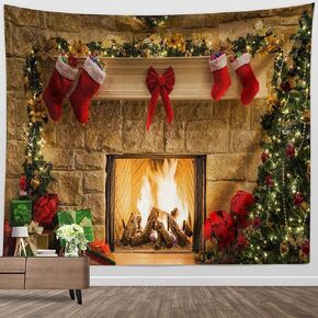 BROSHAN Christmas Tapestry for Bedroom Big Size 60 x 80, Christmas Wall tapestry Large Xmas Tree Fireplace Fabric Wall Hanging Decor for Winter Holiday Home Dorm Office Party Backdrop,Red
