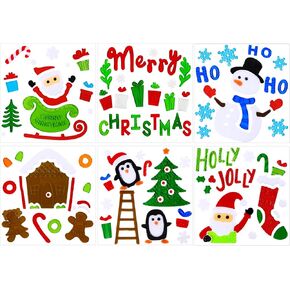 JOICEE Christmas Gel Window Clings,Xmas Santa Claus Snowman Gingerbread Man Snowflake Penguin Christmas Tree Gift Window Stickers for Christmas Window Decors for Kid(6 Sheets)