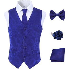 YALLET Boys Formal Vest Paisley Jacquard Necktie Bow tie Corsage Pocket Square Suit Waistcoat Set Wedding 5PCS