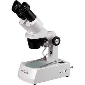 AmScope SE305R-A مجهر ستيريو ثنائي العينين مثبت للأمام، عدسات WF10x، تكبير 10X/30X، أهداف 1X و3X، مصدر ضوء هالوجين علوي وسفلي، حامل ذراع، 120 فولت