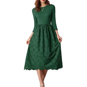 GRACE KARIN Womens Summer 3/4 Sleeve Dress with Pockets A Line Midi Eyelet Dress Empire Waist Casual Fall Flowy Dress