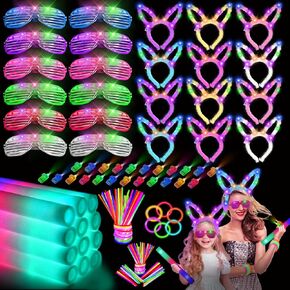 160 Glow in the Dark Party Supplies：100 Glow Sticks，12 Foam Glow Sticks, 12 Light Up Glasses,24 Finger Lights and 12 Glow Rabbit Ear Headband，Neon Party Supplies for Glow Party, Halloween