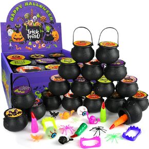 144 PCS Halloween Party Favors 24 Pack Prefilled Small Plastic Witch Cauldron Halloween Toys in Bulk Halloween Prizes Gifts Miniatures for Kids Trick or Treat Halloween Party Prizes Toys