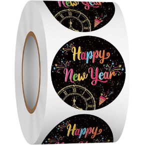 بكرة ملصقات Heyfibro مقاس 1.5 بوصة Happy New Year، 500 قطعة من ملصقات السنة الجديدة للأطفال والكبار، ملصقات ملصقات دائرية لعطلات الشتاء لتغليف الهدايا، والبطاقات، وأختام المغلف، ومستلزمات الحفلات (أبيض)