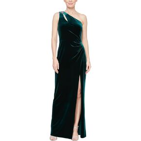 Alex Evenings Women's Long One Shoulder Velvet Formal Gown with Ruched Waist, Wedding Guest, Party Dress