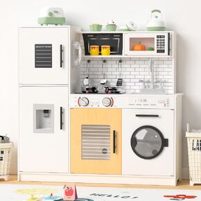 Wooden Kitchen Playset for Kids, Interactive Play Kitchen with Lights & Sounds, Children Pretend Toy Kitchen Set with Faucet, Oven, Microwave, Kitchenware for Toddlers Ages 3+ (White)