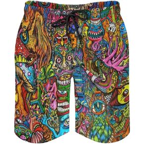 Mens Trippy Psychedelic Swim Trunks Beach Board Shorts with Mesh Lining and Pockets