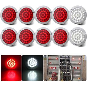 10Pcs 4" Inch Round LED Trailer Tail Lights 24 LED Flange Mount, 8 Red + 2 White 4" Round LED Stop Turn Tail Lights Brake Trailer Backup Reverse Lights Waterproof for Trucks RV UTE UTV 12V
