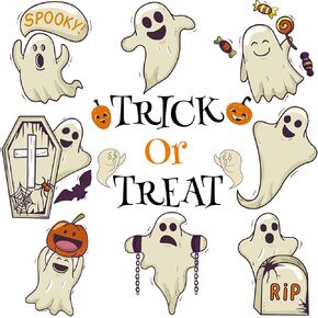 Quera 51Pcs Halloween Bulletin Board Decorations Ghost Cutouts Cut-Outs Accents Cards with Glue Point Dots for Fall Party Classroom Home, DIY, Boo, Trick Or Treat, Spooky, Pumpkins, Bats, Candy