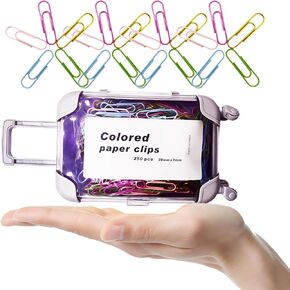 plastic paper clips, 250 pieces 1.1 inch colored small paper clips, in a mini reusable 6.7in trolley case, office paper clips and binder clips(52977)